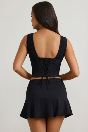 Mid-Rise Godet A-Line Mini Skirt in Black