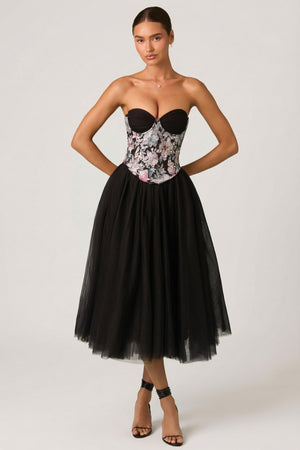 Embellished Lace-Up Cupless Corset in Floral Black