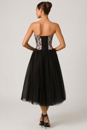 Embellished Lace-Up Cupless Corset in Floral Black