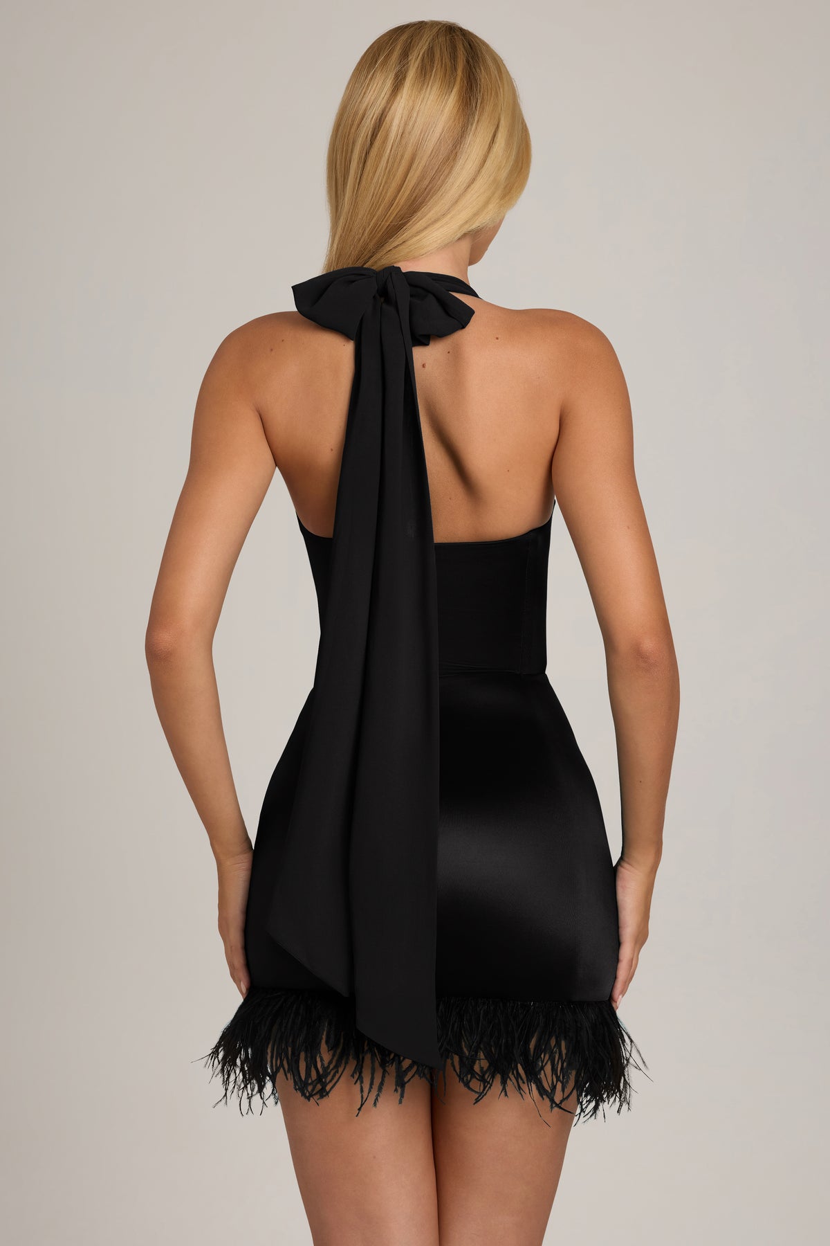 Satin Jersey Feather-Trim Mini Dress in Black - 2