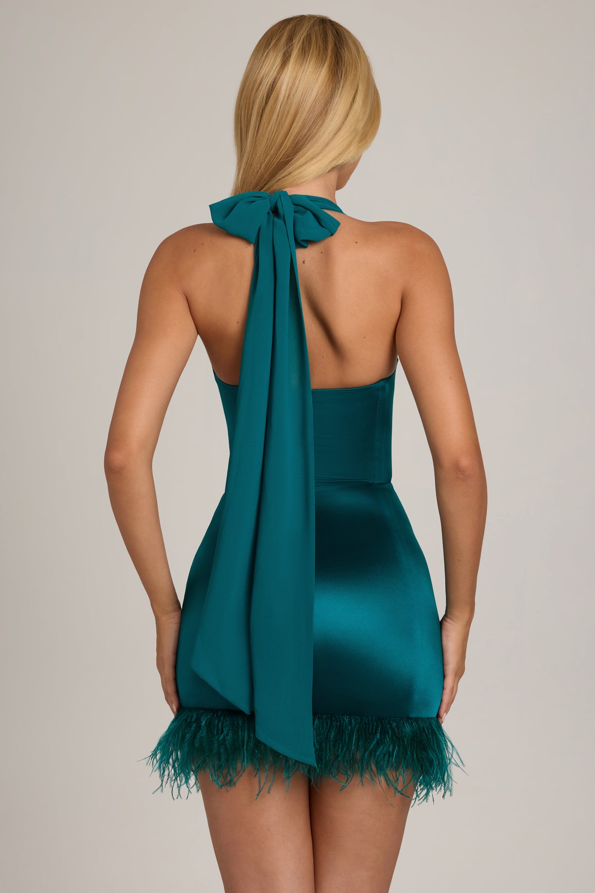 Satin Jersey Feather-Trim Mini Dress in Teal - 2