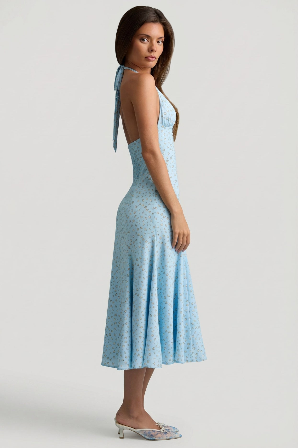 Halterneck Midaxi Dress in Blue Flower Print - 4
