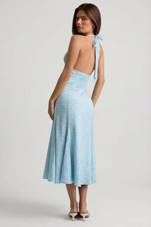 Halterneck Midaxi Dress in Blue Flower Print
