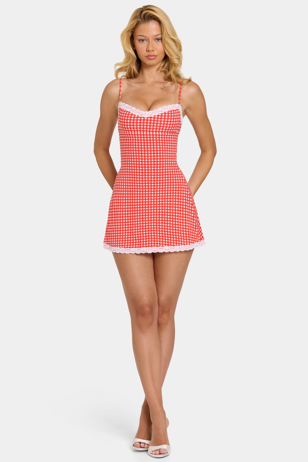 Modal Lace-Trim Mini Dress in Red Gingham - 6