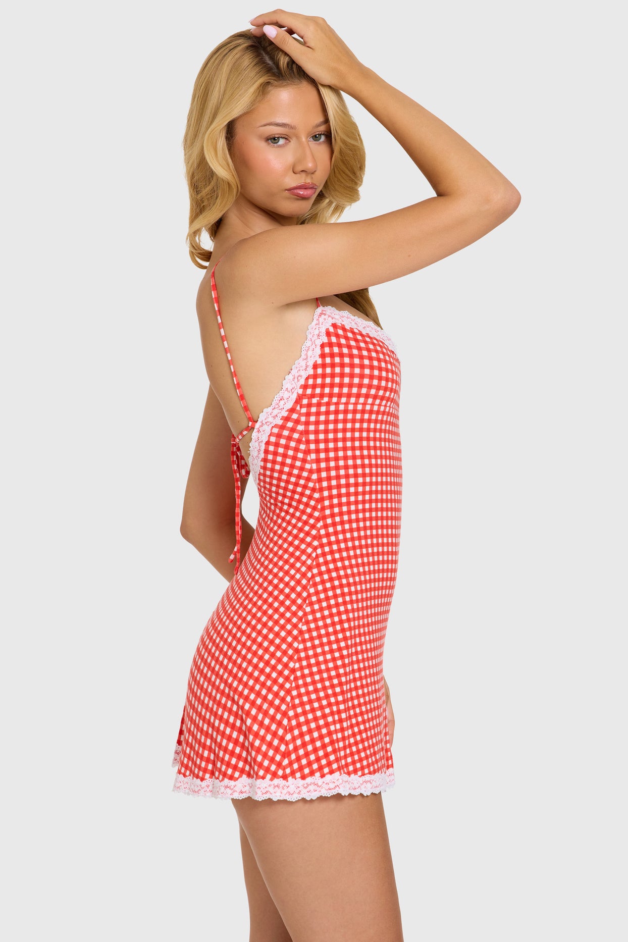Modal Lace-Trim Mini Dress in Red Gingham - 5