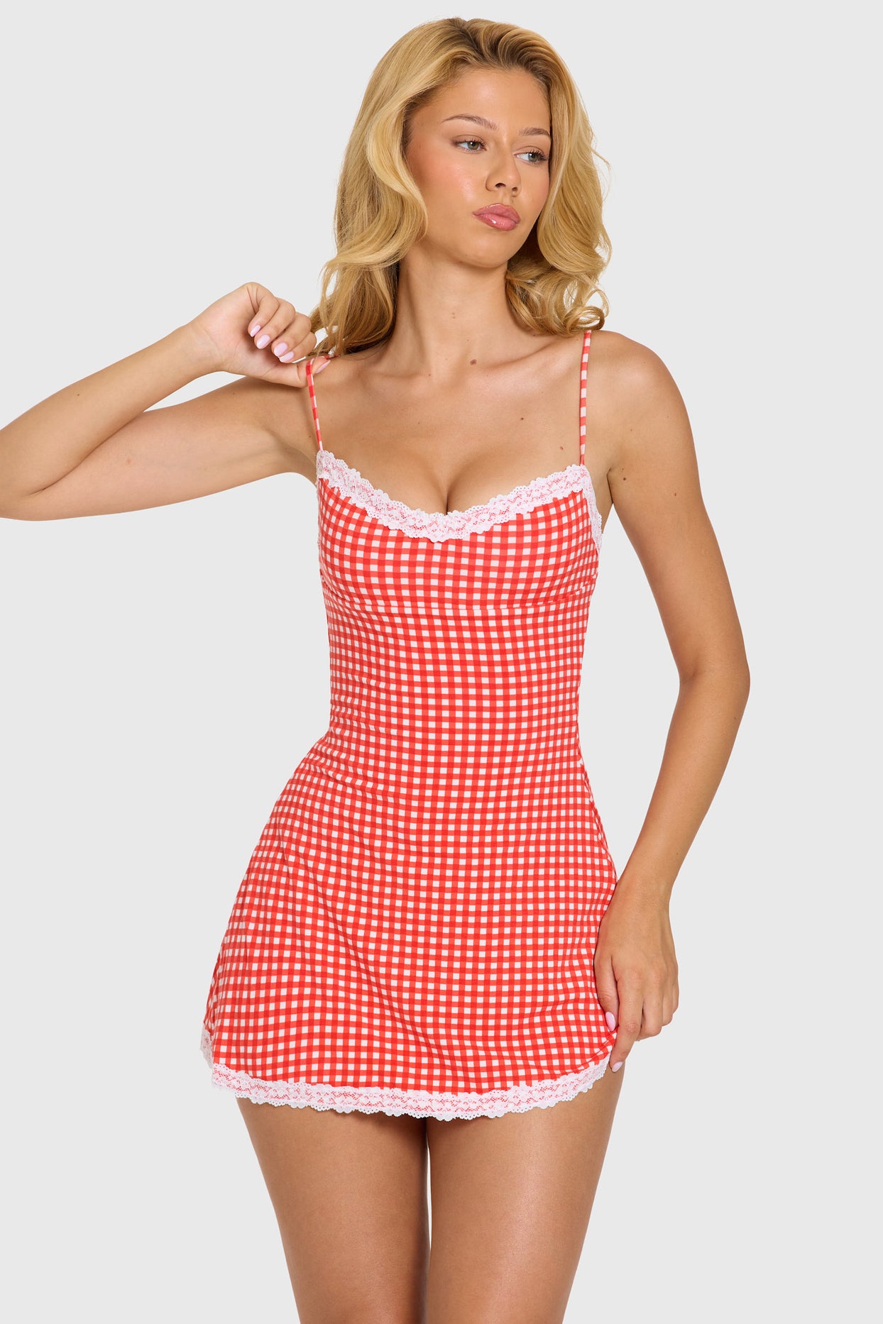Modal Lace-Trim Mini Dress in Red Gingham - 9