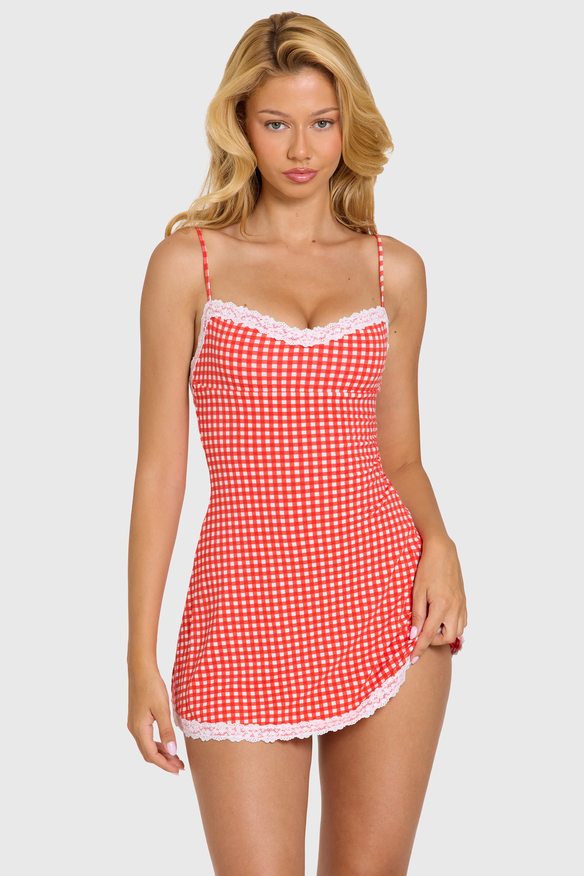 Modal Lace-Trim Mini Dress in Red Gingham - 1