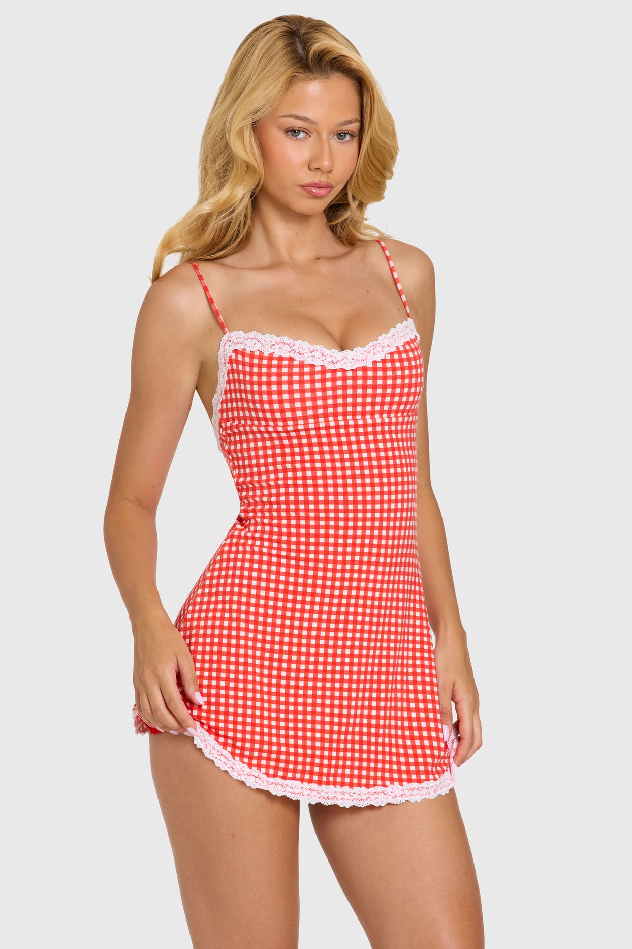 Modal Lace-Trim Mini Dress in Red Gingham - 7