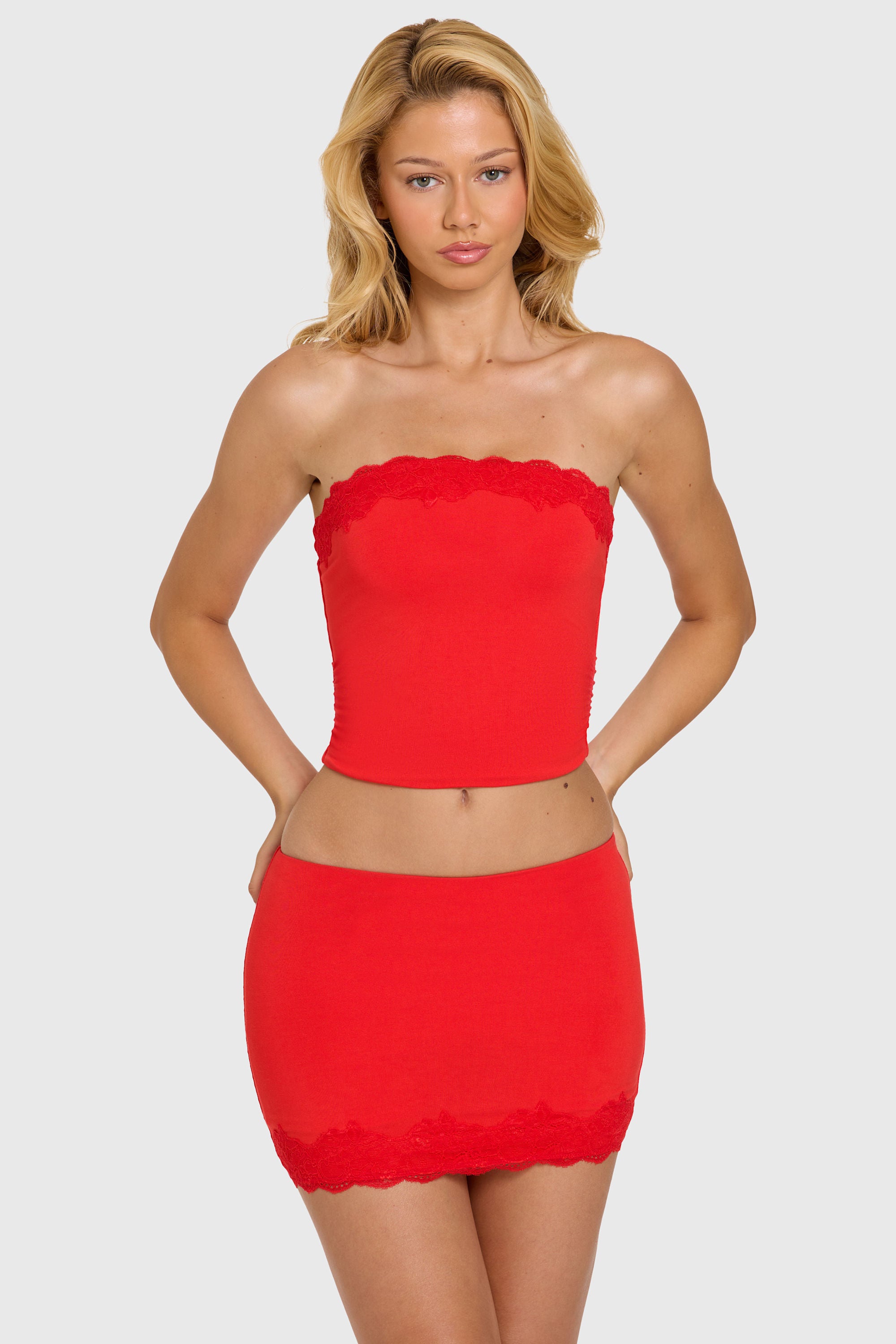 Modal Lace-Trim Bandeau Top in Cherry - 1