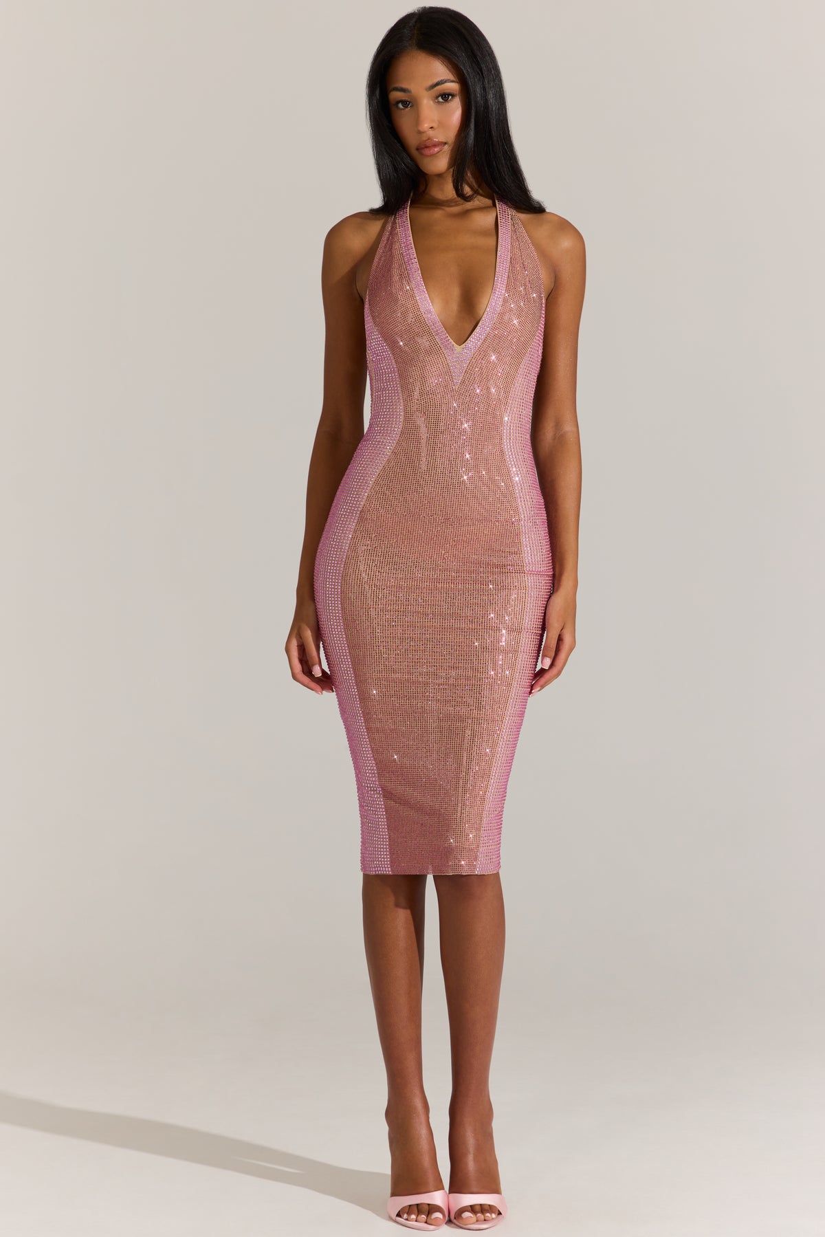 Embellished Plunge Halterneck Midi Dress in Blossom Pink