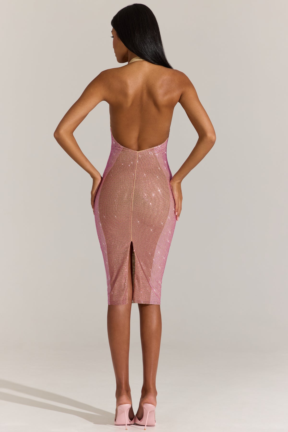Embellished Plunge Halterneck Midi Dress in Blossom Pink