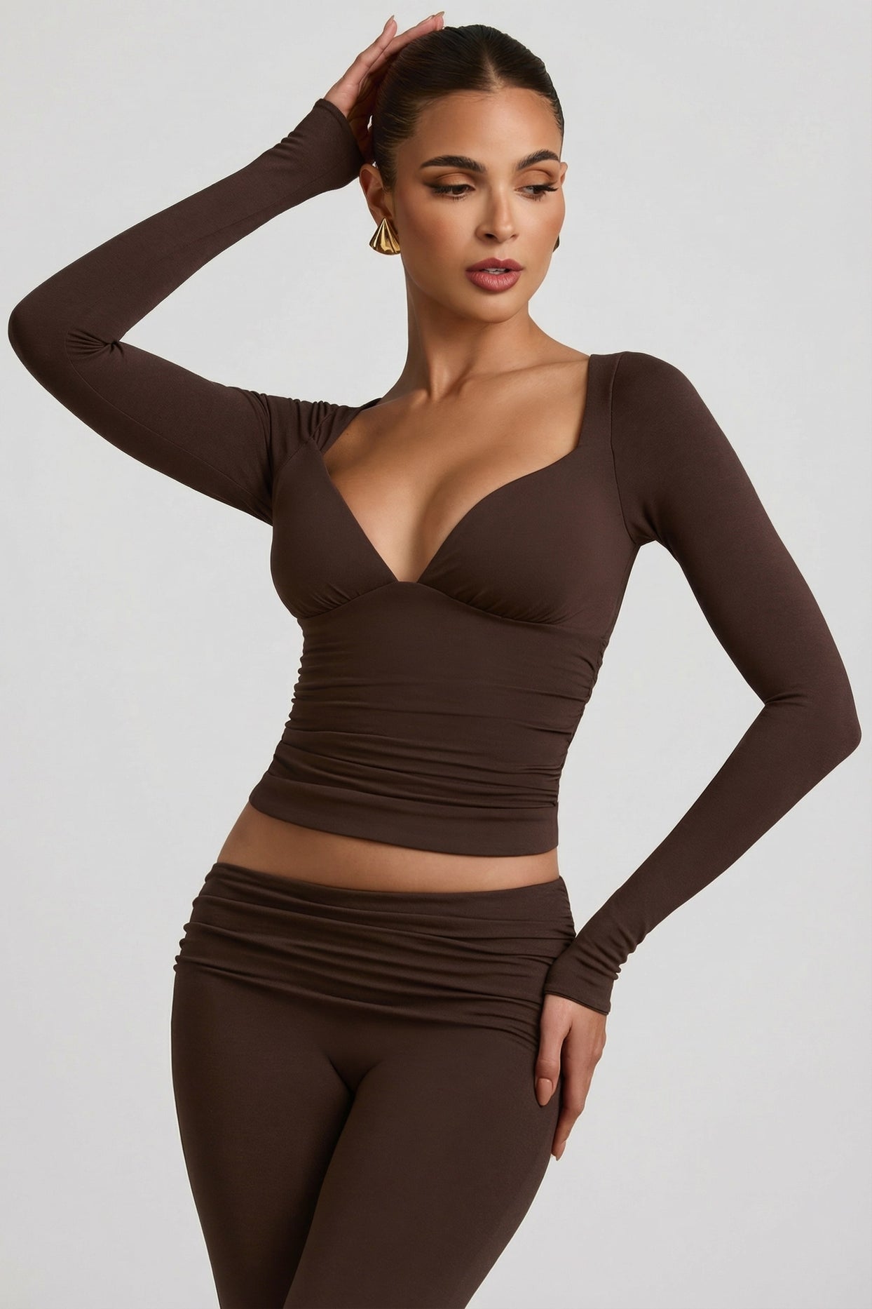 Modal Ruched Long-Sleeve Top in Chocolate Brown - 6