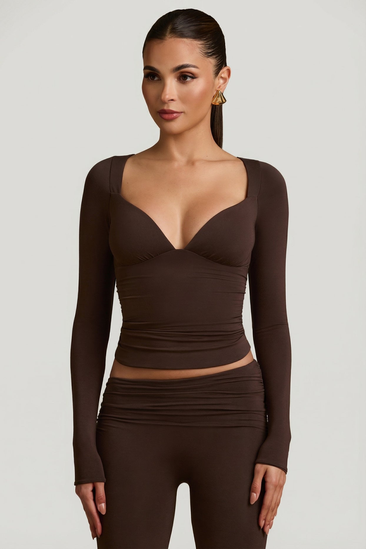 Modal Ruched Long-Sleeve Top in Chocolate Brown - 7