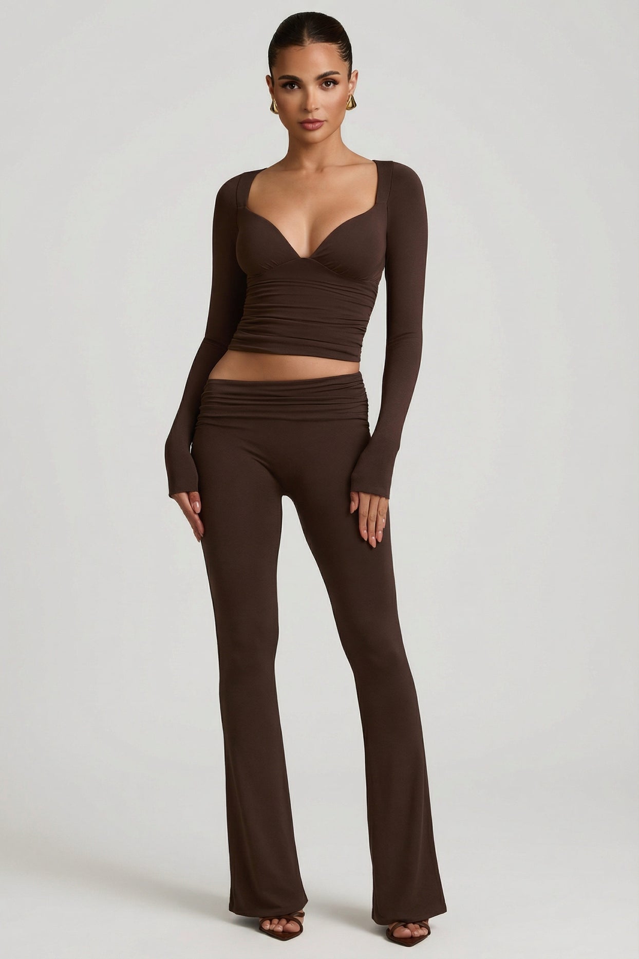 Modal Ruched Long-Sleeve Top in Chocolate Brown - 3