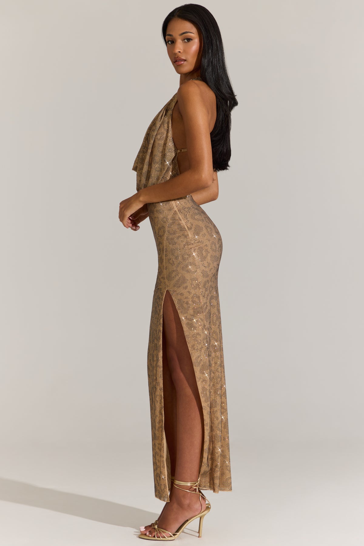 Embellished Plunge Cowl Neck Maxi Dress in Gold Leopard