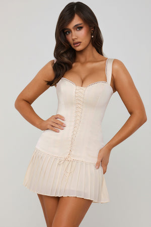 Bow-Detail Lace-Up Corset Mini Dress in Ivory