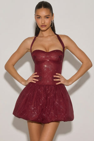 Felicity Embellished Halterneck Bubble Hem Mini Dress in Wine Red | Oh Polly