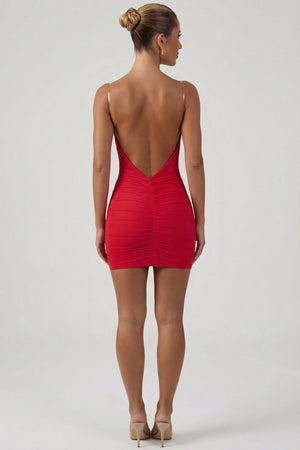 backless red bodycon dress Ruched Backless Bodycon Mini Dress in Red - XL