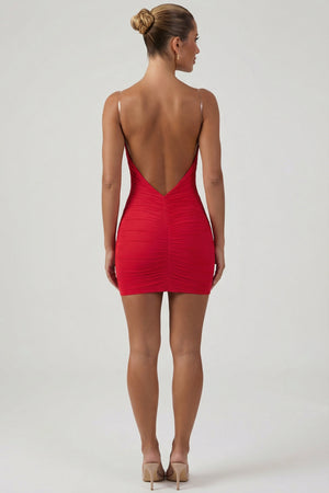 Ruched Backless Bodycon Mini Dress in Red