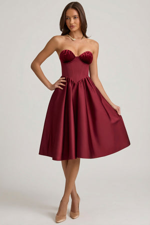 red bustier midi dress Gabrielle Strapless Corset Midi Dress in Wine Red