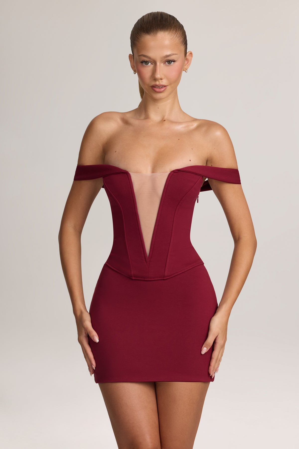 Ponte Bardot Mini Dress in Wine