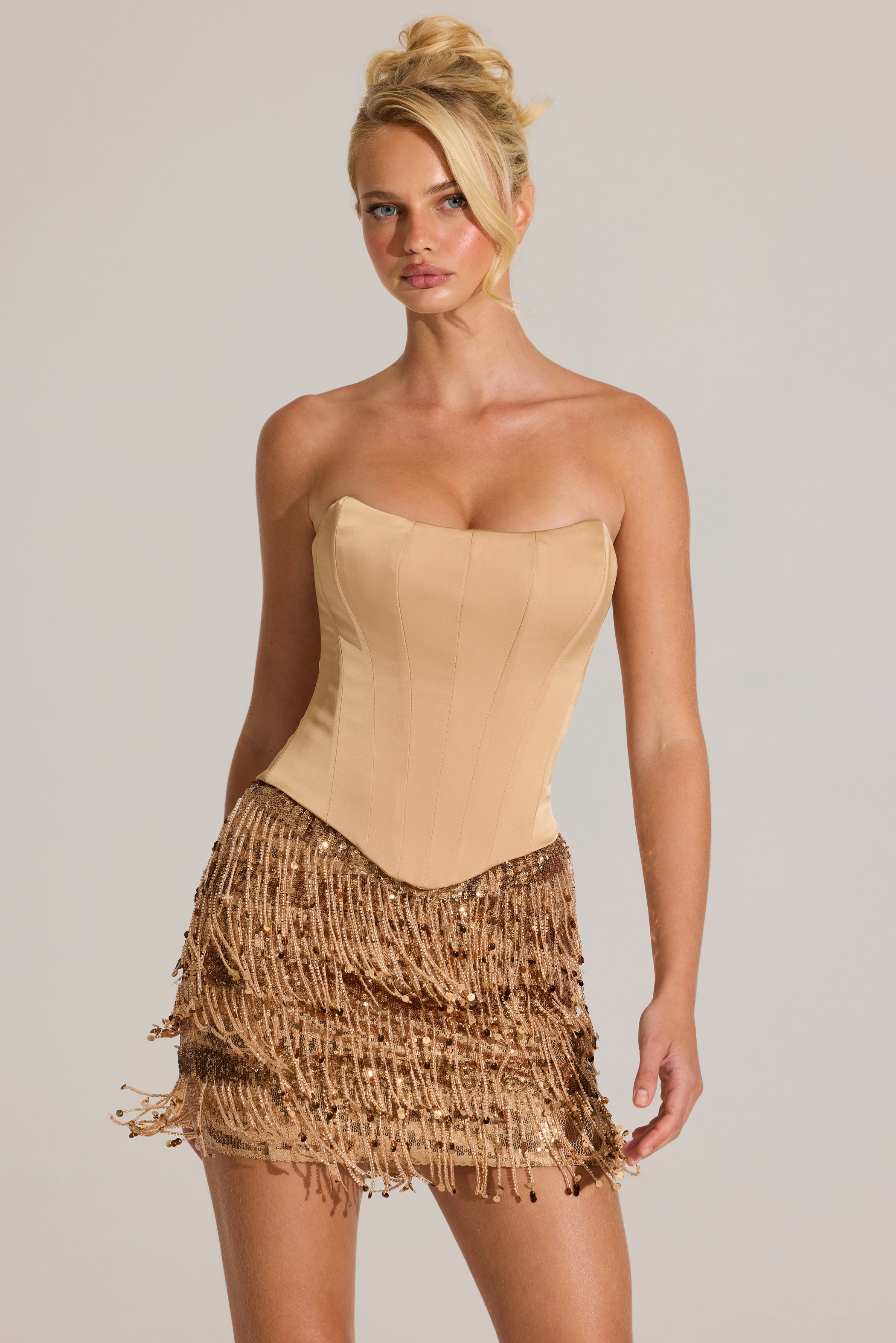 Satin Corset Fringed Mini Dress in Gold
