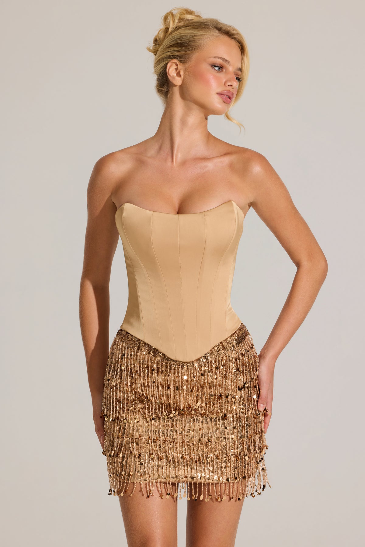 Satin Corset Fringed Mini Dress in Gold