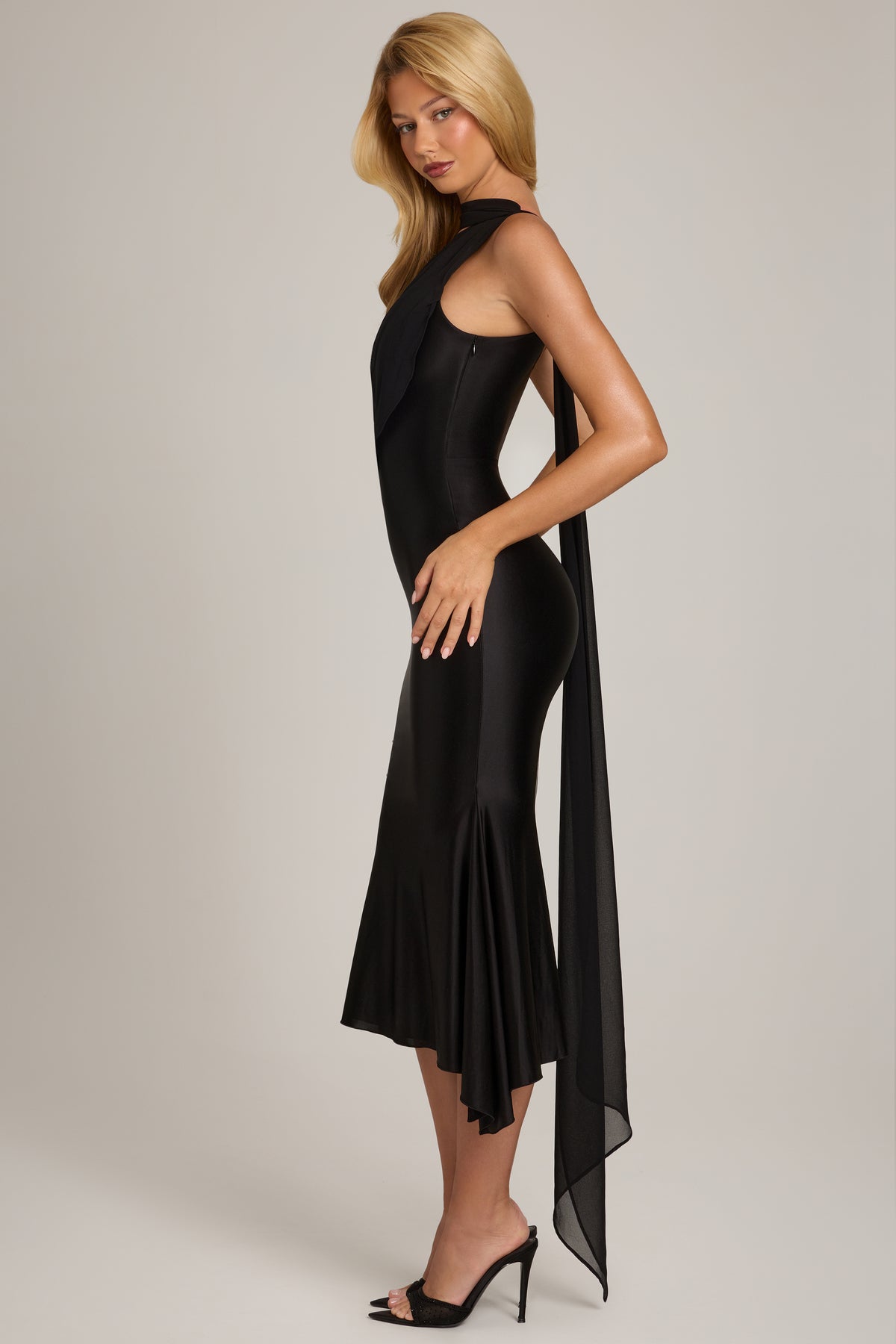 Scarf-Detail Midaxi Dress in Black