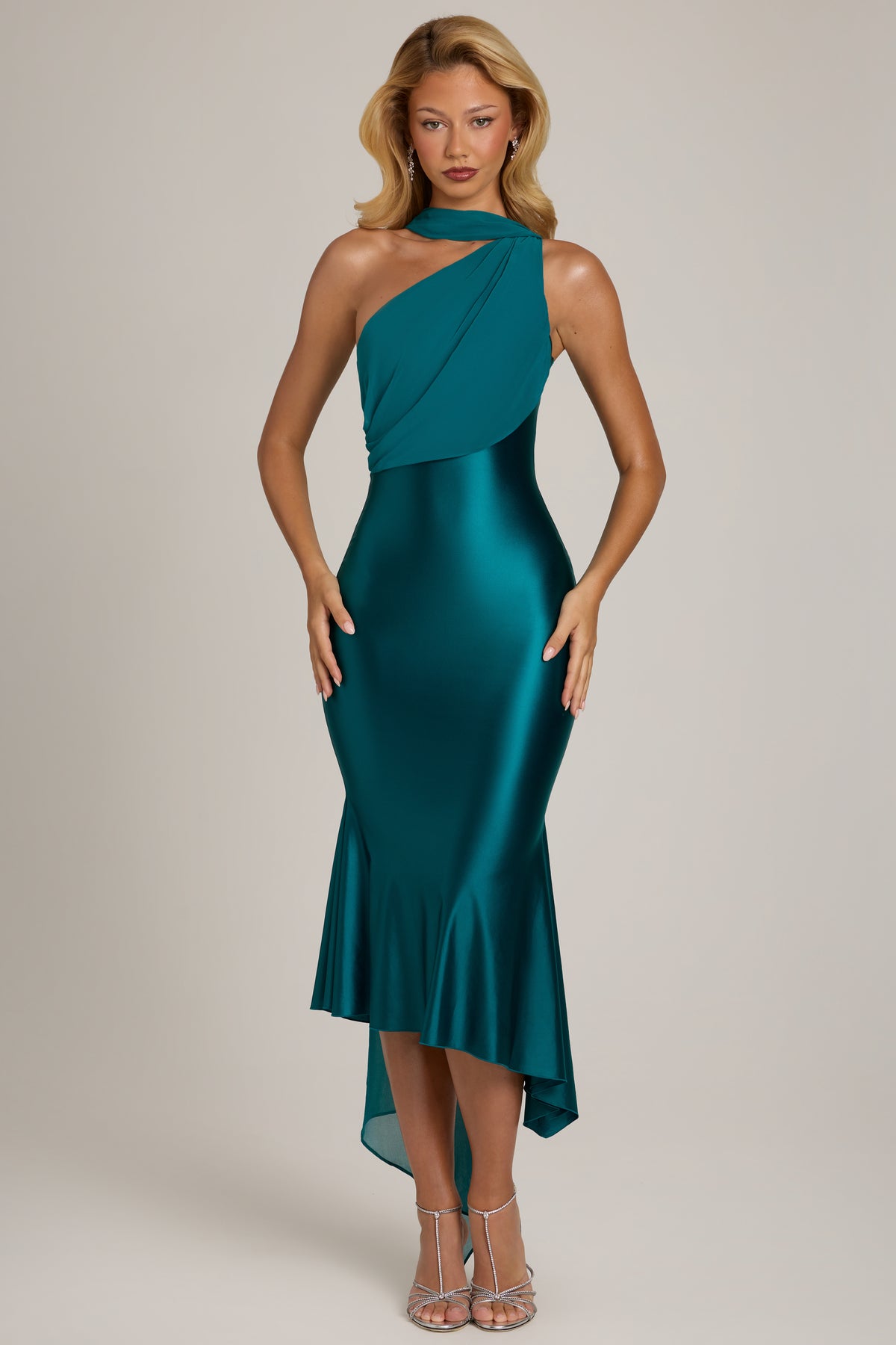 Scarf-Detail Midaxi Dress in Teal