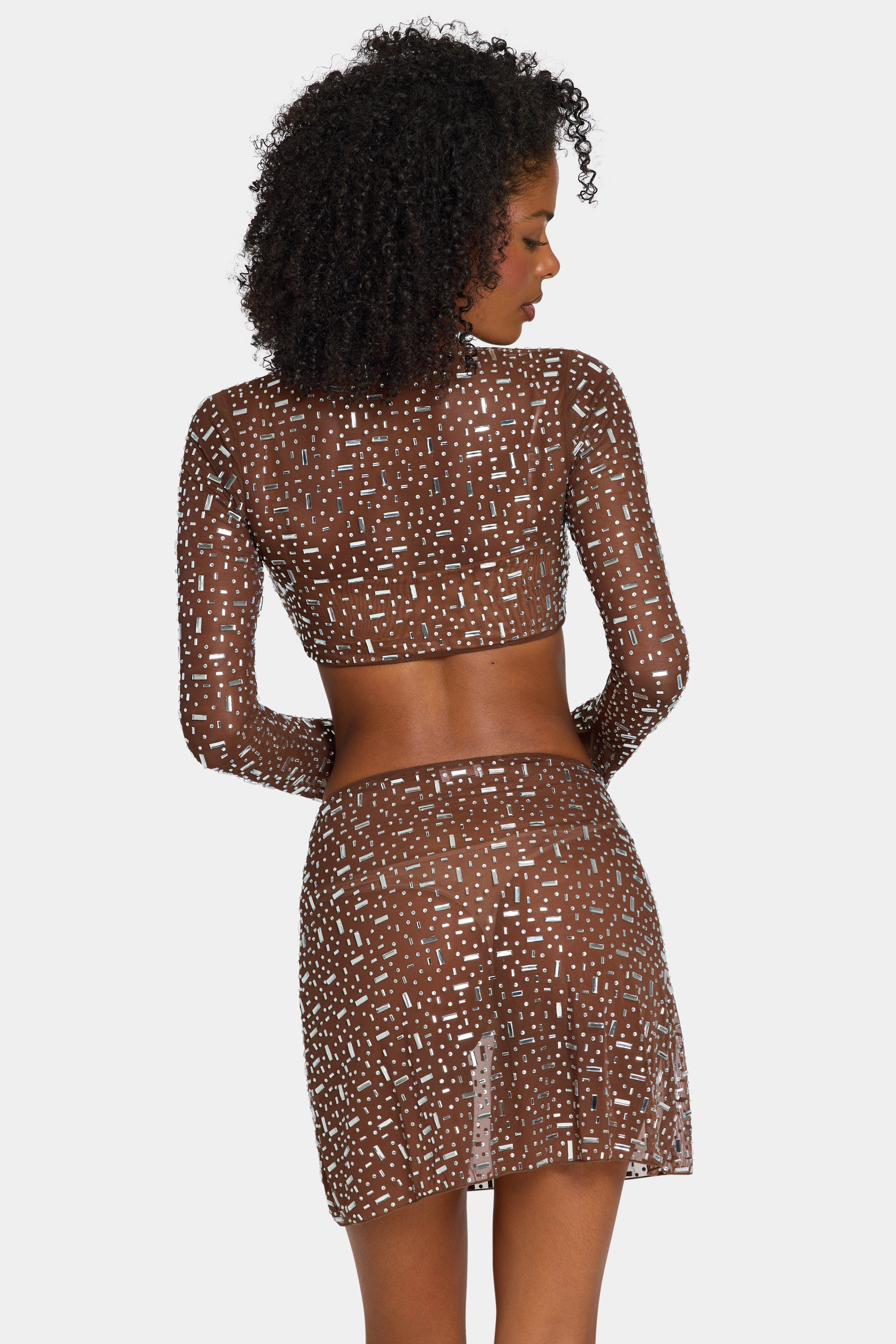 Sheer Embellished Long Sleeve Crop Top in Deep Cocoa