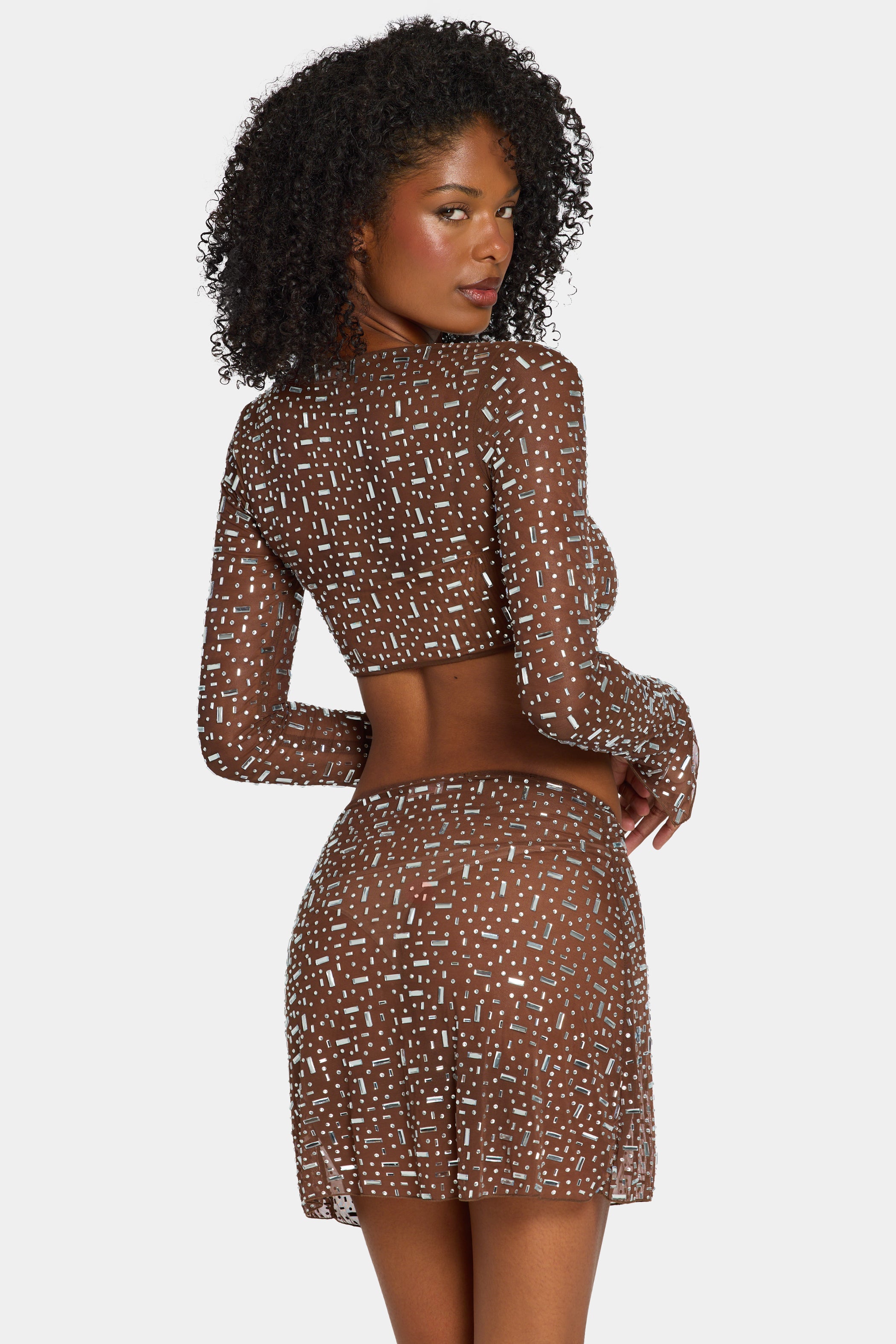 Sheer Embellished Long Sleeve Crop Top in Deep Cocoa