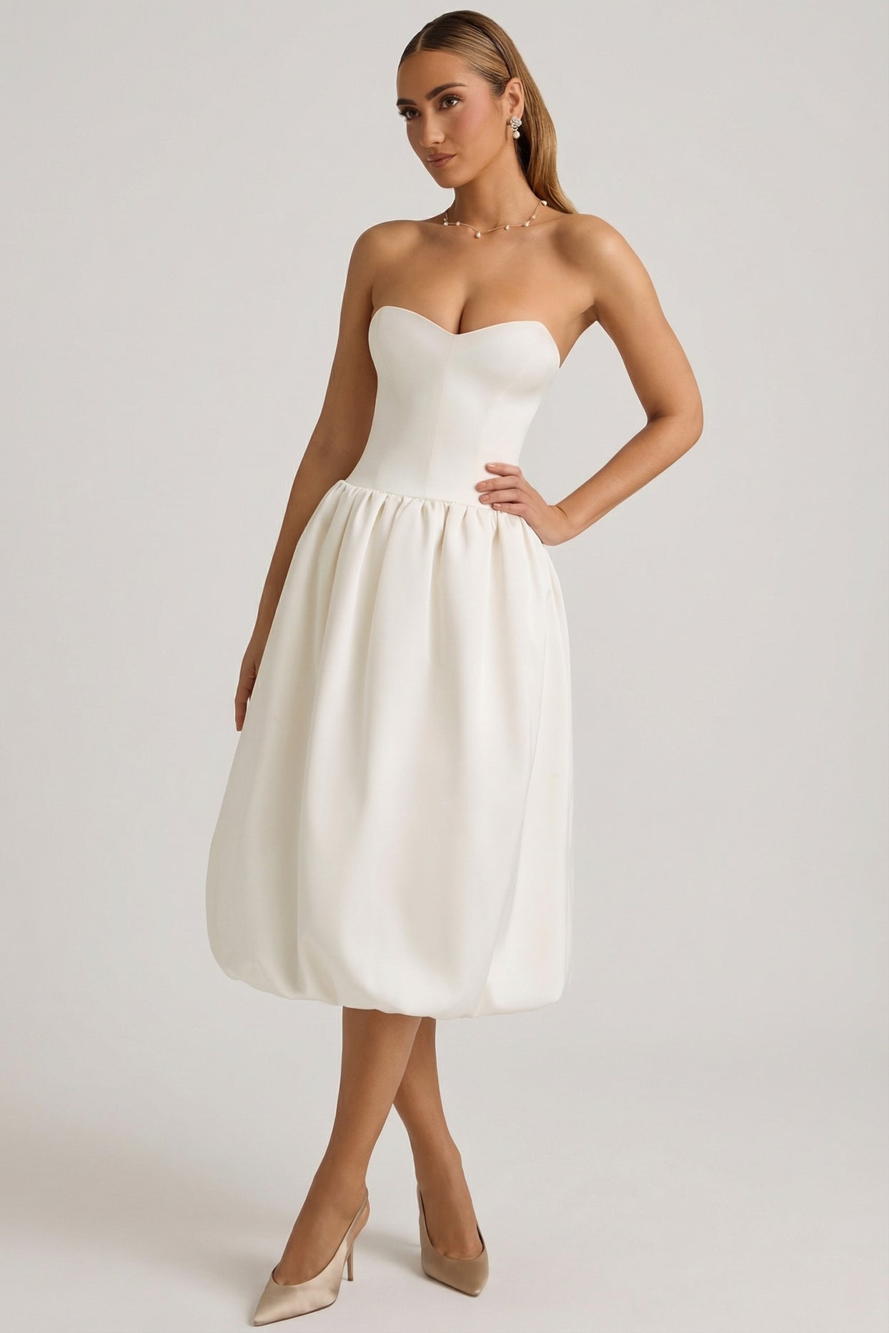 Convertible Bow-Detail Bubble Hem Midaxi Dress in Ivory - 6