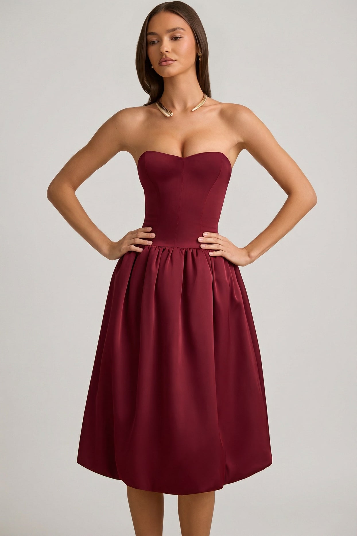 Convertible Bow-Detail Bubble Hem Midaxi Dress in Wine Red - 11
