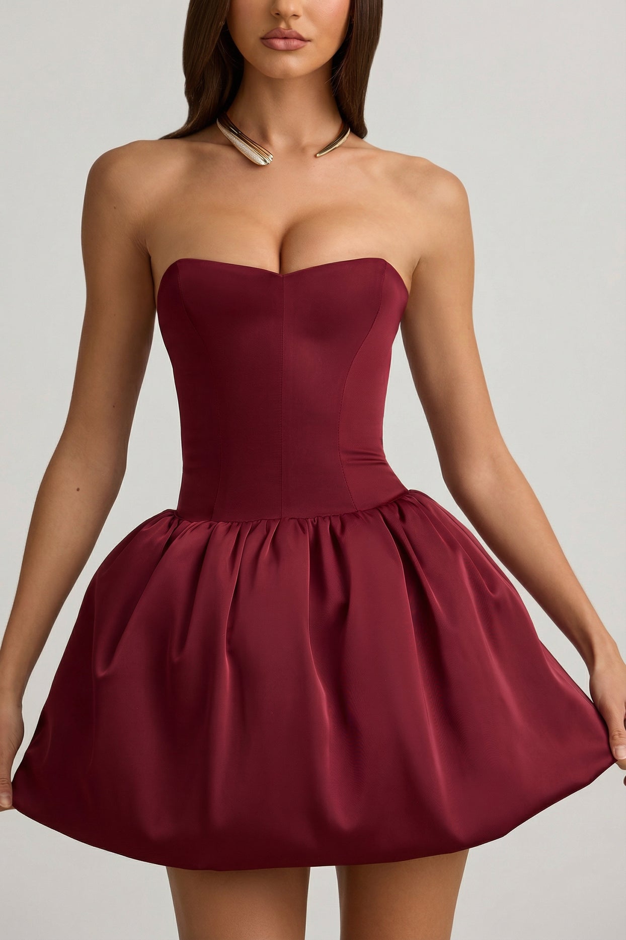 Convertible Bow-Detail Bubble Hem Midaxi Dress in Wine Red - 7