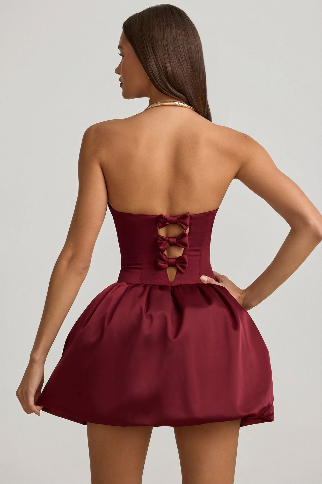 Convertible Bow-Detail Bubble Hem Midaxi Dress in Wine Red - 8