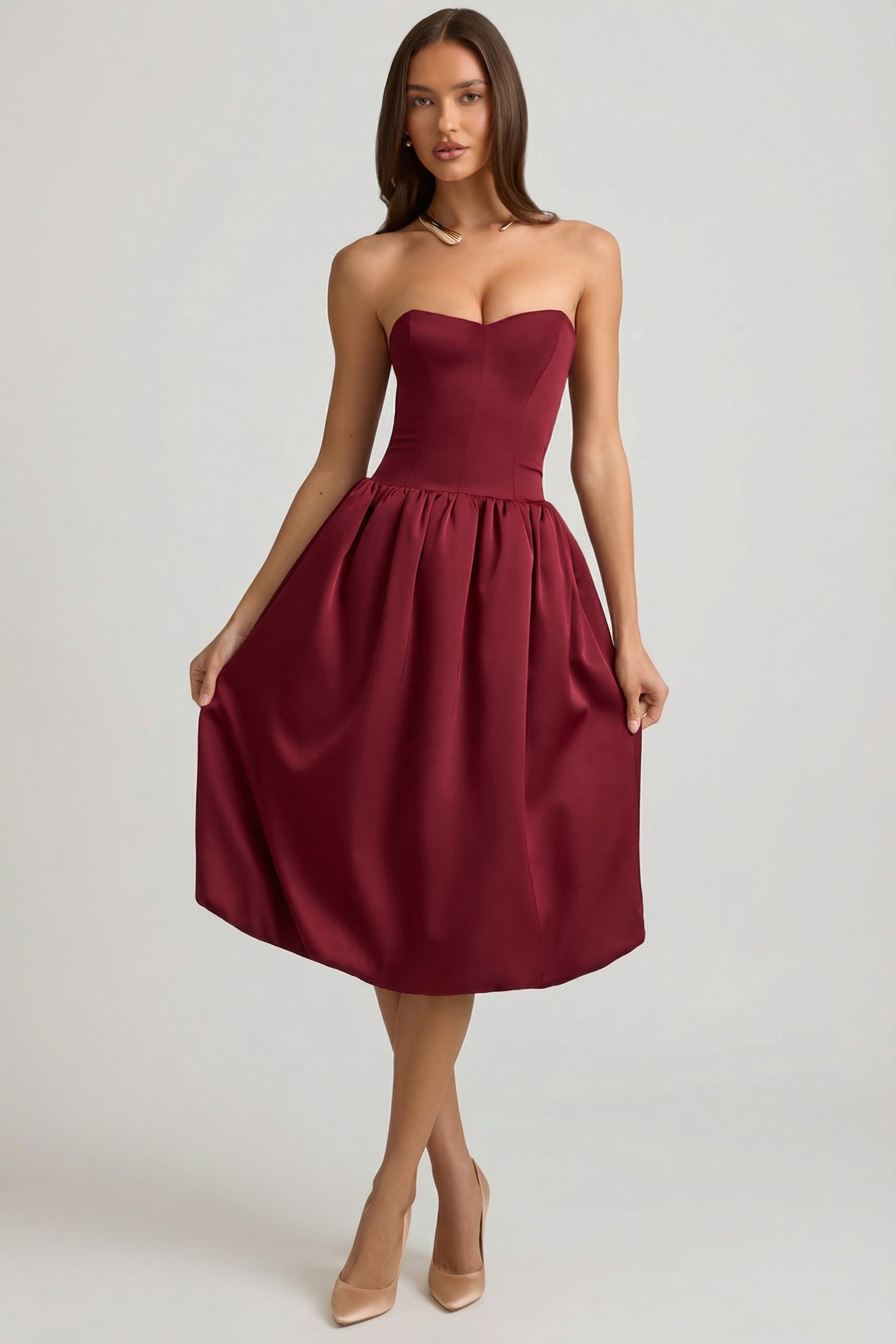 Convertible Bow-Detail Bubble Hem Midaxi Dress in Wine Red - 10