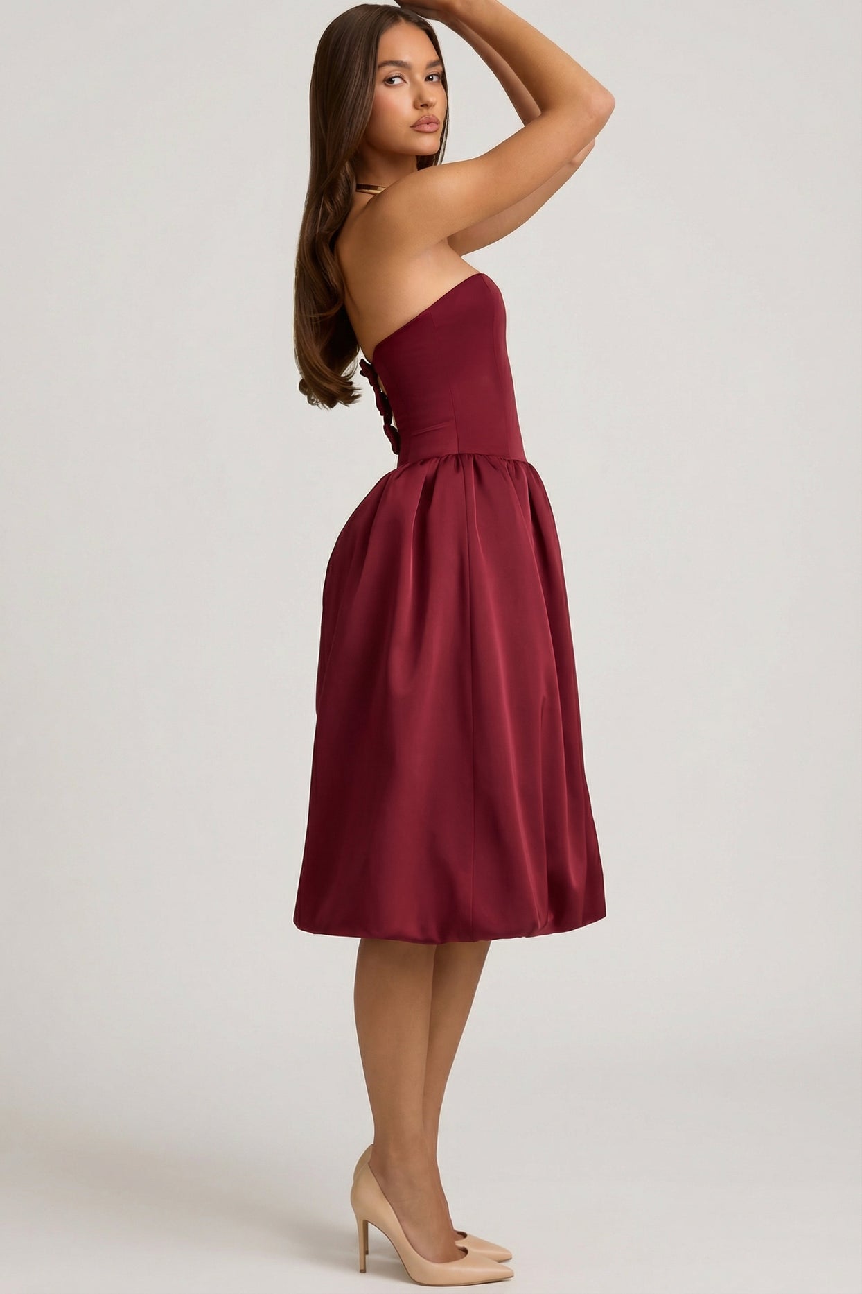 Convertible Bow-Detail Bubble Hem Midaxi Dress in Wine Red - 12