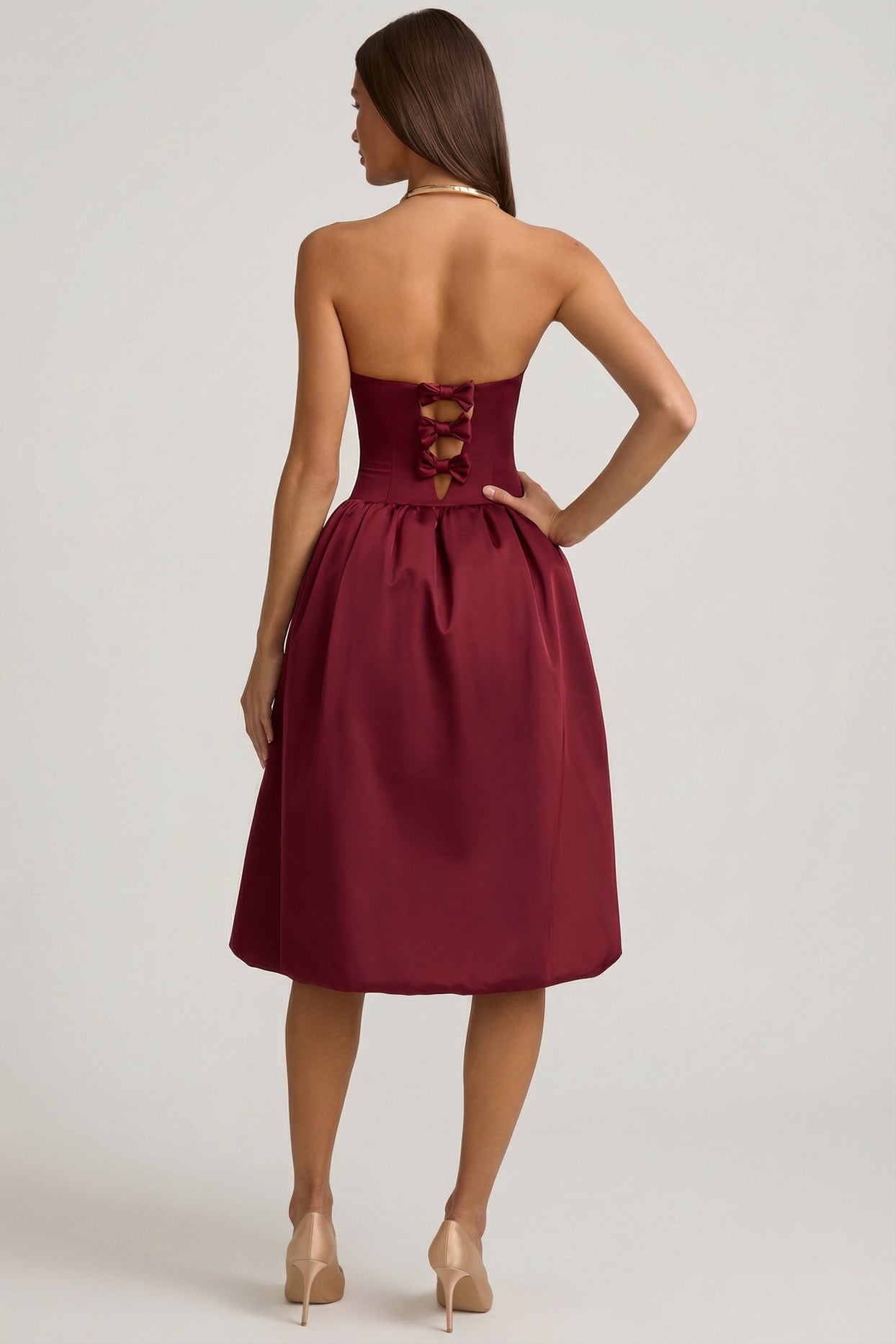 Convertible Bow-Detail Bubble Hem Midaxi Dress in Wine Red - 4