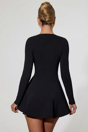 Bow-Detail Plunge-Neck A-Line Mini Dress in Black