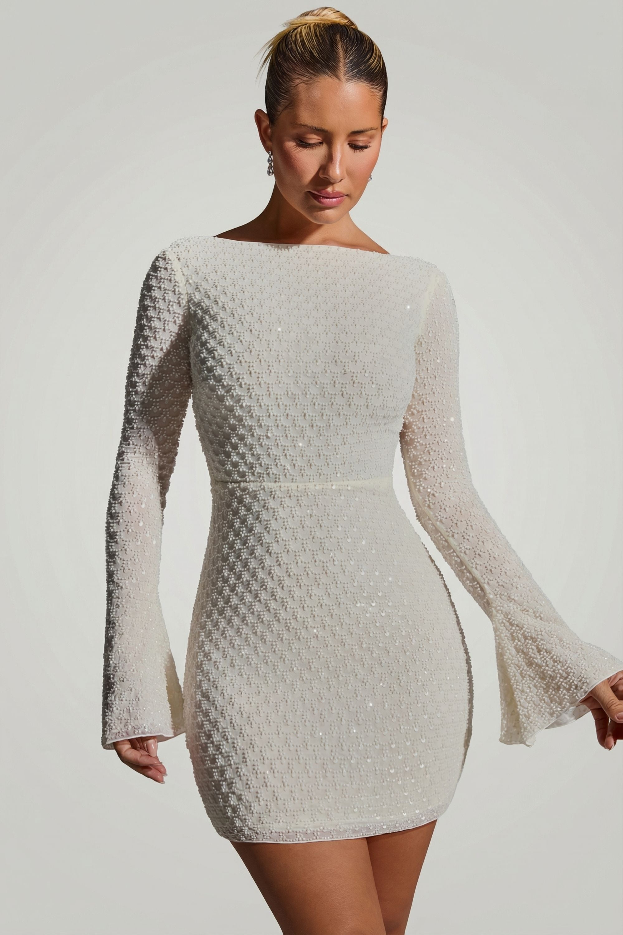 Vienna Embellished Long Sleeve Backless Maxi Dress in White