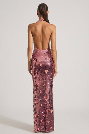 Sequin-Embellished Halterneck Maxi Dress in Pink