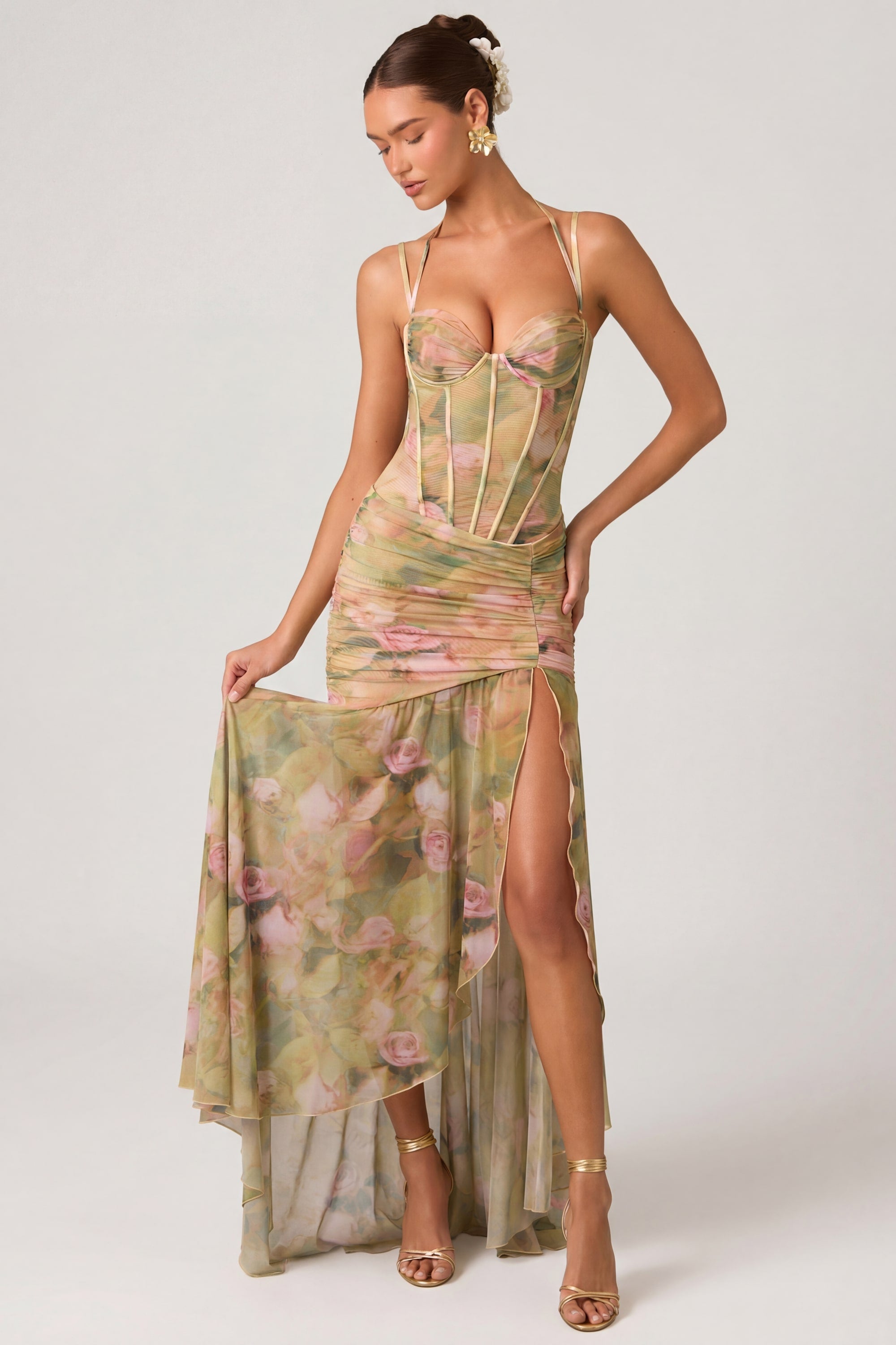 Ruched Asymmetric Corset Gown in Floral Multi Print