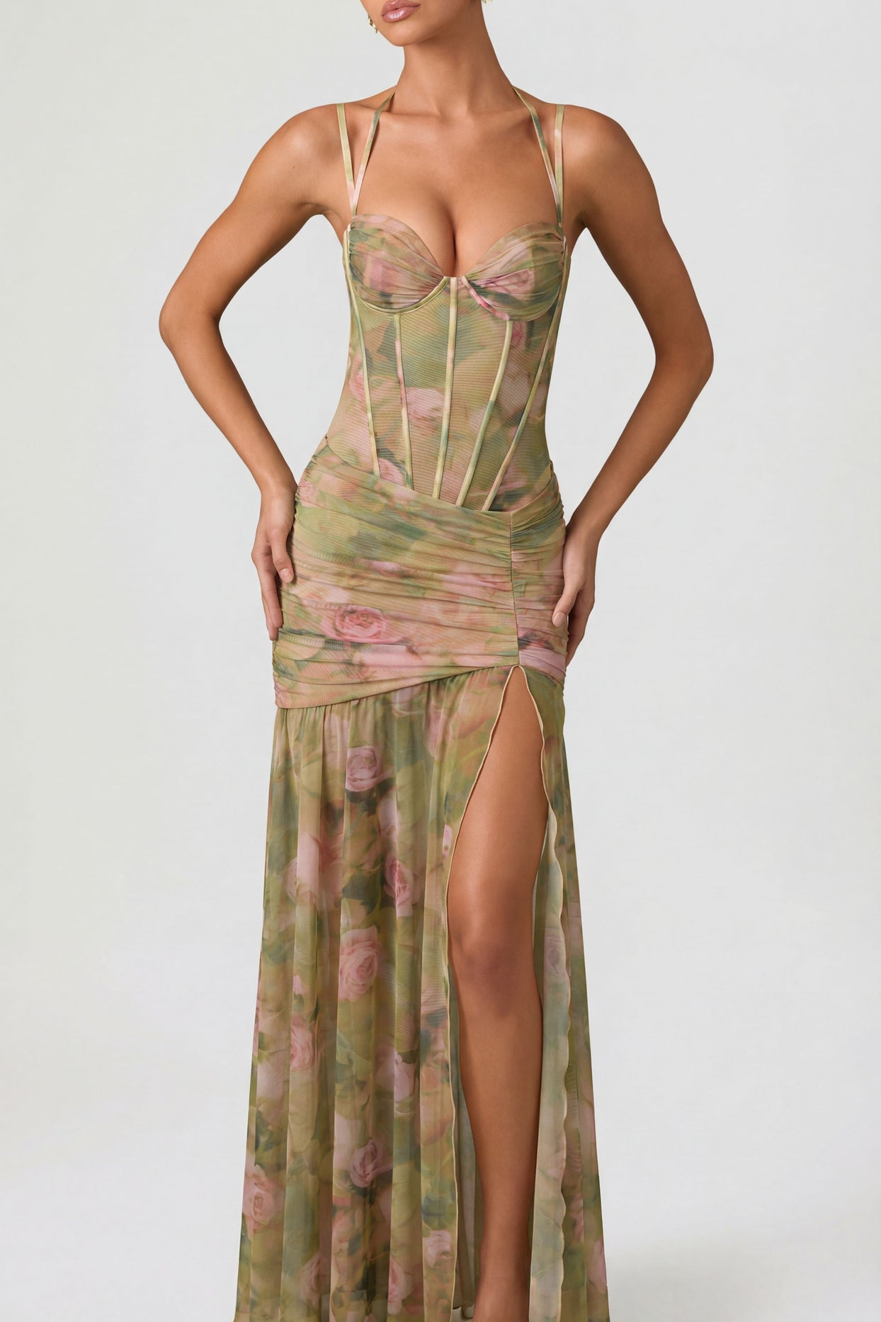 Ruched Asymmetric Corset Gown in Floral Multi Print - 5