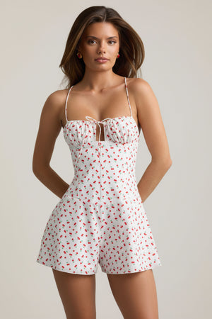 Ruched Backless Playsuit in Cherry Print