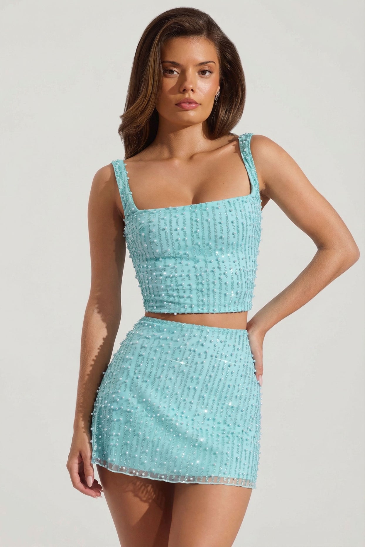 Embellished Low-Rise Mini Skirt in Aqua Blue - 9