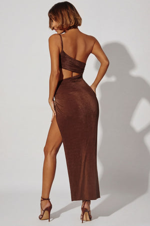 Oh Polly's Cristal wearing the Ishtar Maxi Dress in Brown Textured Jersey fabric perfect for evening parties