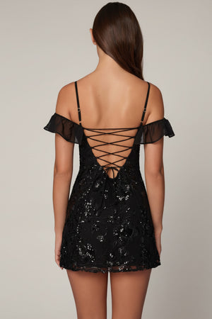 Embellished Lace-Up A-Line Mini Dress in Black