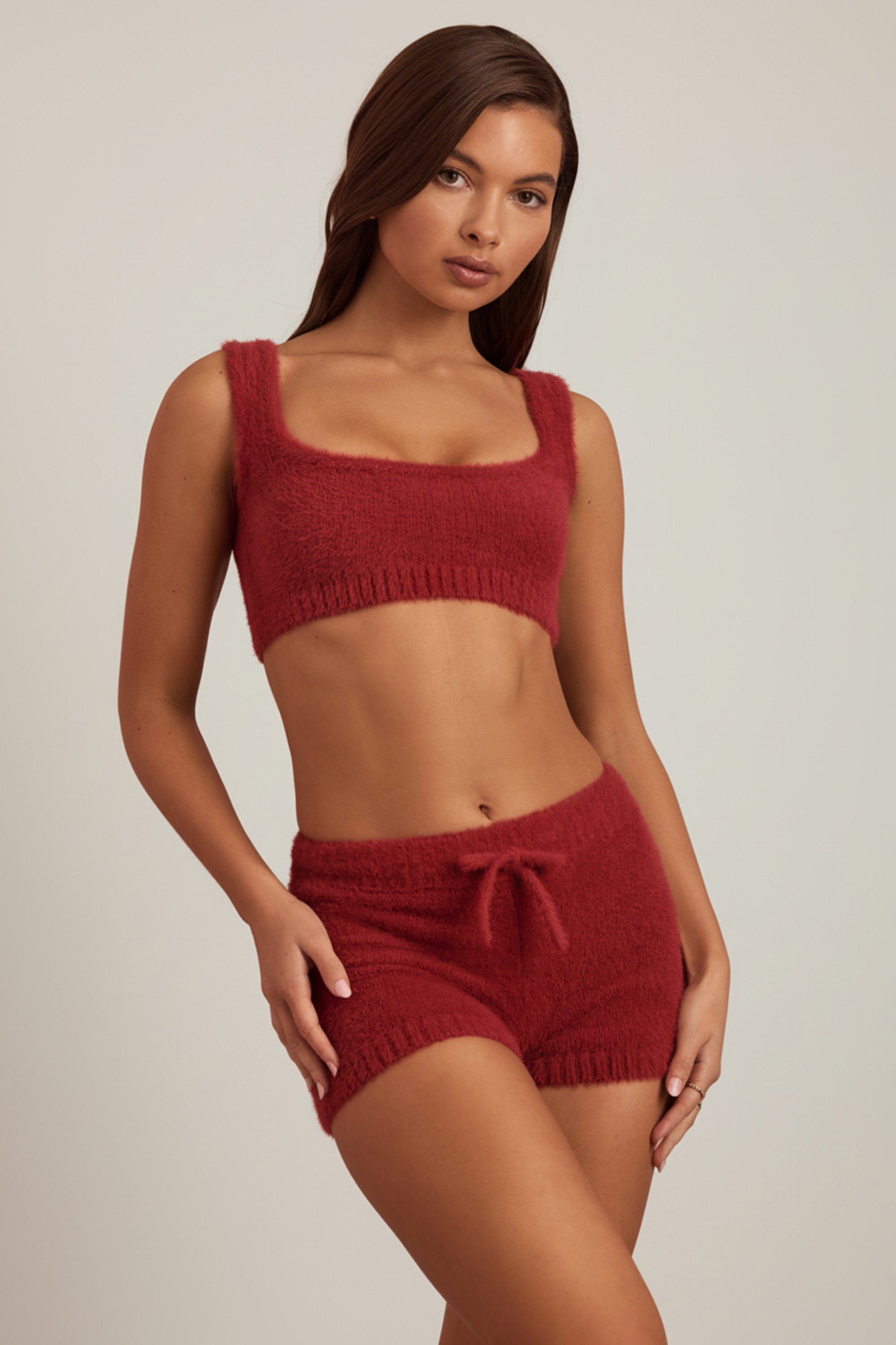 Fluffy Knit Scoop-Neck Bralette in Ruby Red