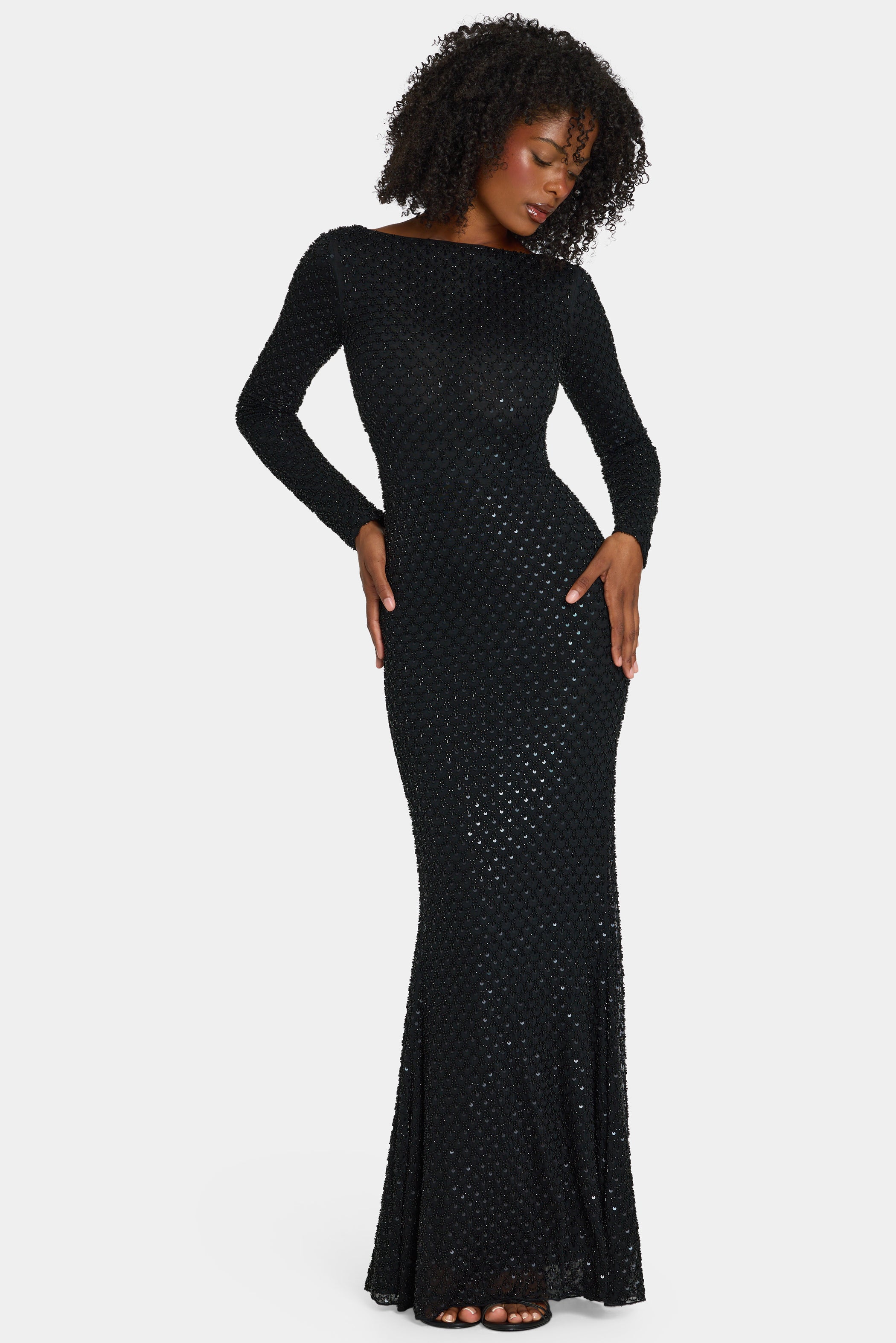 Vienna Long Sleeve Embellished Backless Maxi Dress in Black