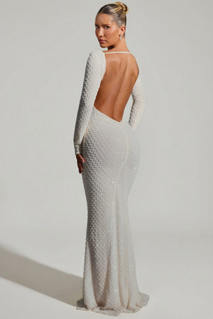 Oh Polly's Sierra Skye wearing the Jailene Gown Length Dress in White Embellished fabric perfect for formal galas